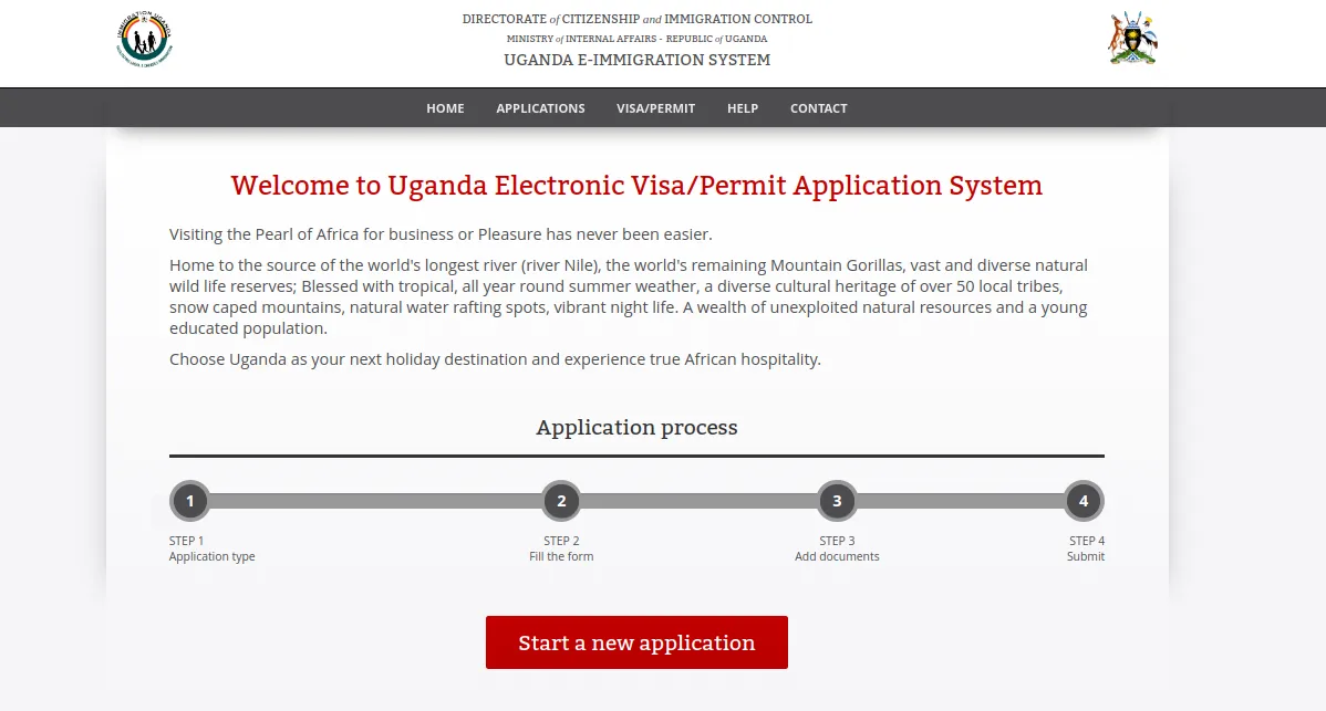 Uganda Immigration Portal Start new application page Uganda Immigration Portal start new application