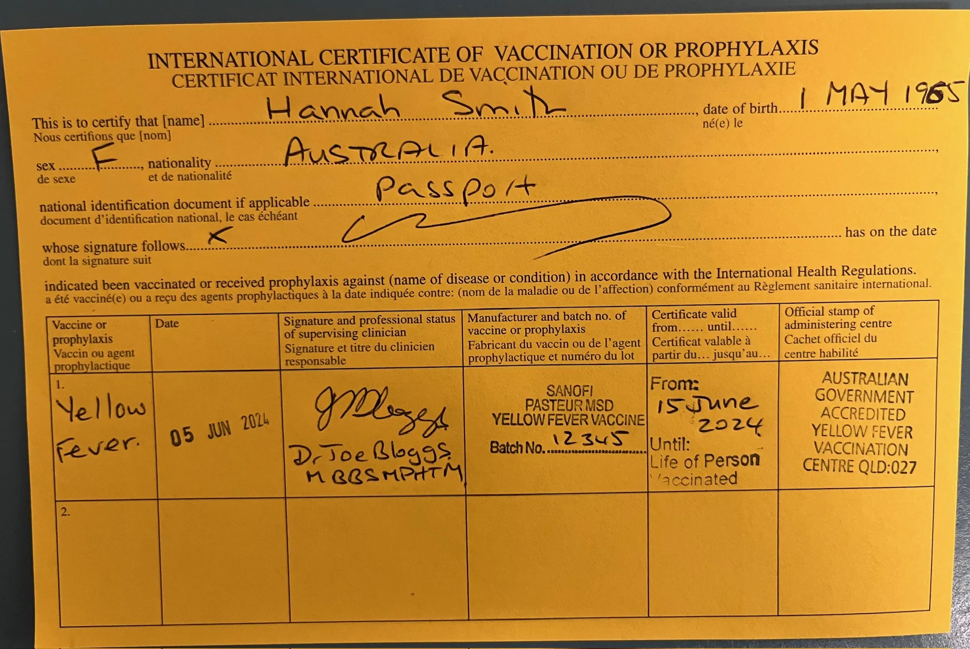 Yellow Fever Vaccination Certificate Yellow Fever Vaccination Certificate
