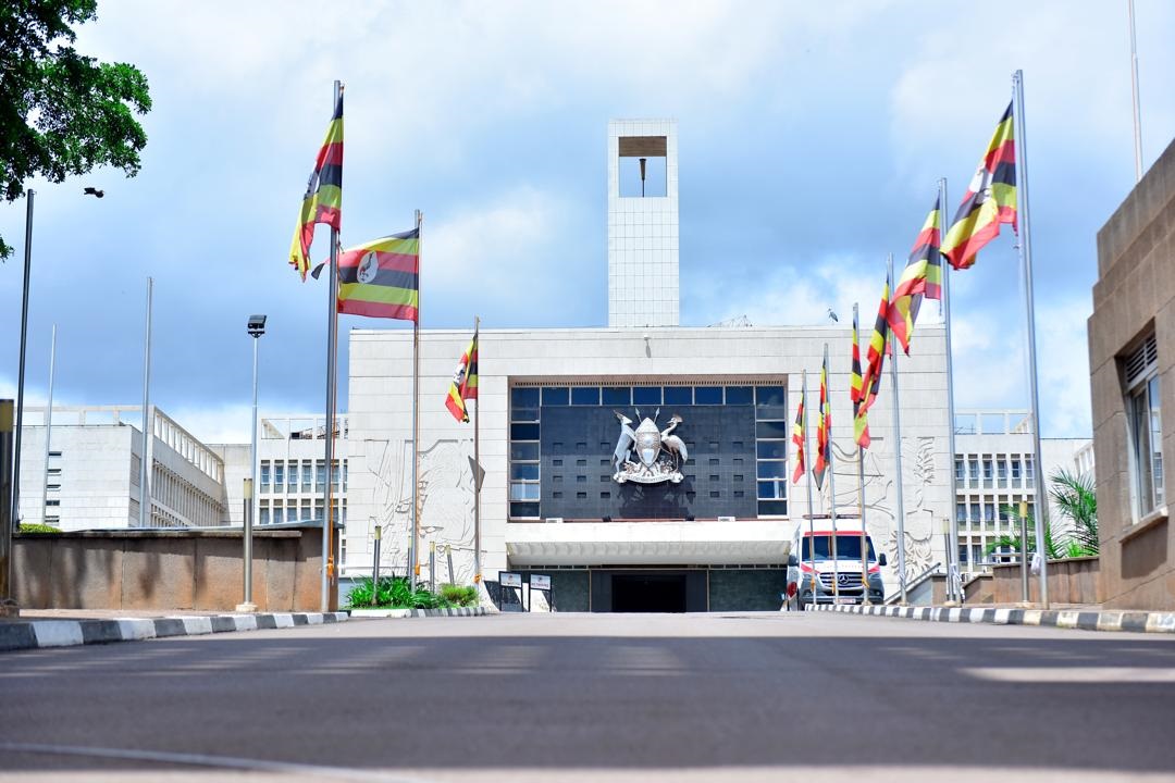 Uganda Parliament building displaying the national coat of arms