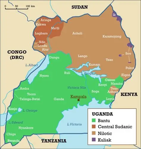 Map of Uganda showing the four major language families