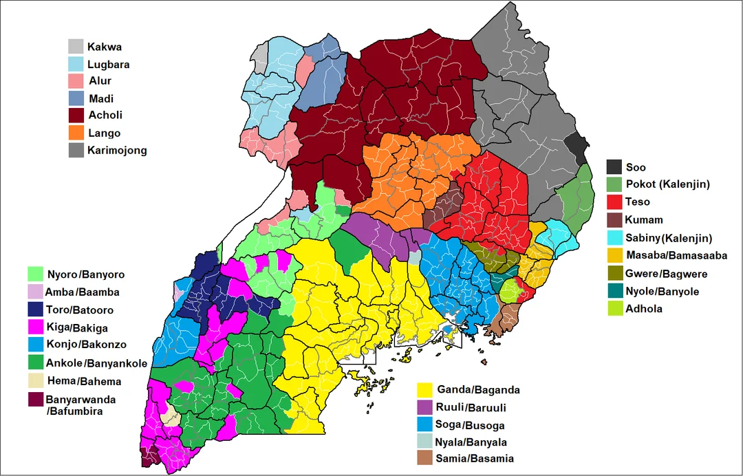Uganda ethnic map showing distribution of over 50 ethnic groups across four regions Uganda ethnic map showing distribution of over 50 ethnic groups across four regions