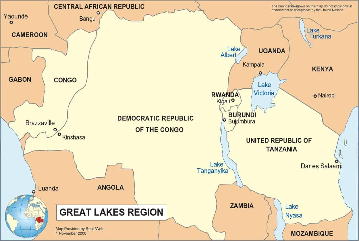 Uganda's location on the African map showing East-Central Africa and the Great Lakes region Uganda's location on the African map showing East-Central Africa and the Great Lakes region
