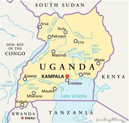 Map showing Uganda's five neighboring countries: Kenya, Tanzania, Rwanda, DRC, and South Sudan Map showing Uganda's five neighboring countries: Kenya, Tanzania, Rwanda, DRC, and South Sudan