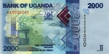 A blue 2000 Uganda shilling note showing the two official languages of Uganda, English and Swahili